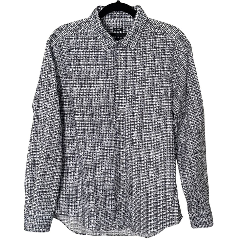 Kenneth Cole Awearness Men's Slim Fit Blue Black Pattern Button Down Shirt Sz L